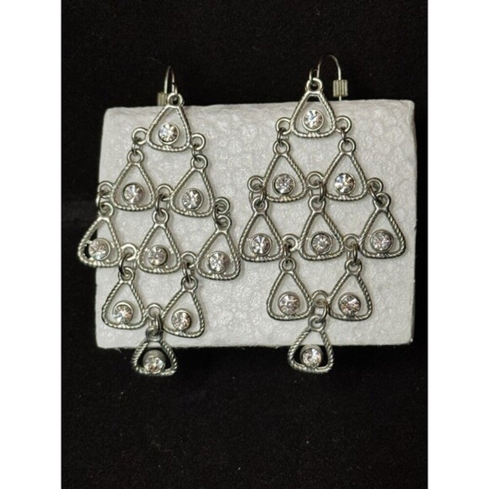 Bridal Prom Earrings Silver Tone Cubic Zirconia Chandelier Dangle Formal 2.5”￼